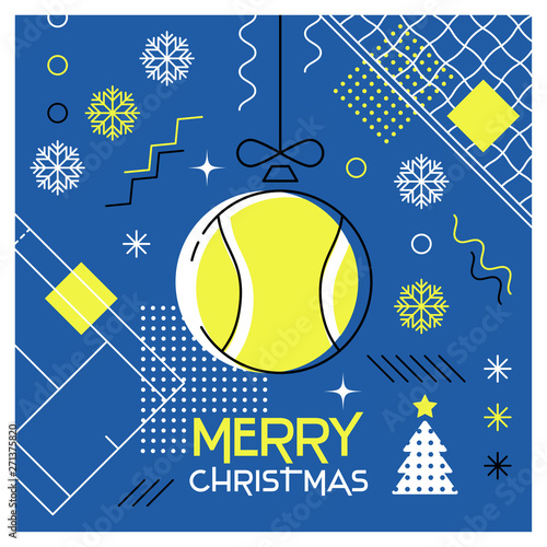 Merry Christmas. Greeting card with Christmas ball as a tennis ball. Abstract flat design. Vector illustration.