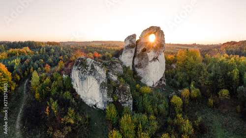 Fototapeta Naklejka Na Ścianę i Meble -  A panoramic view of the unique Okiennik rock in Poland with a large natural window