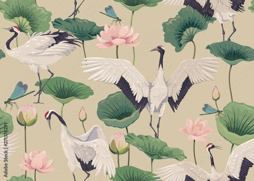 Seamless pattern with japanese cranes and lotus flowers - obrazy, fototapety, plakaty 