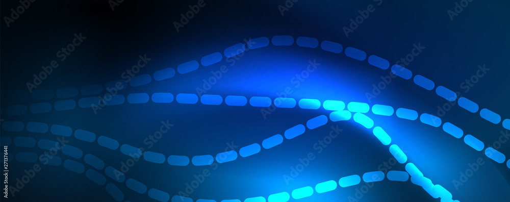 Smooth wave lines on blue neon color light background. Glowing abstract wave on dark, shiny motion, magic space light