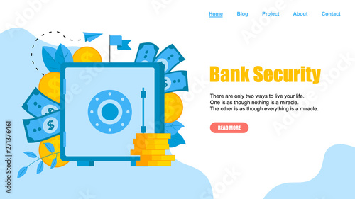 Webpage Template. Safe box with money saving dollar coins. Finance concept	