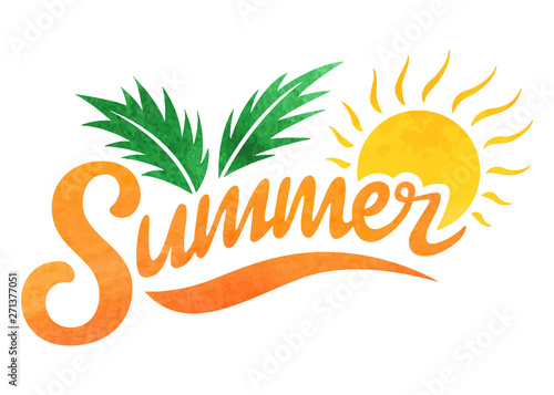 Summer logo. Brush lettering composition. Isolated Watercolor on white background. Summer typography. Vector illustration. for print, icon design, web, home decor, fashion, surface, graphic design