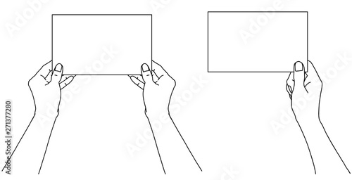Hand with a white business card with copy space. Hand drawn vector illustration. 