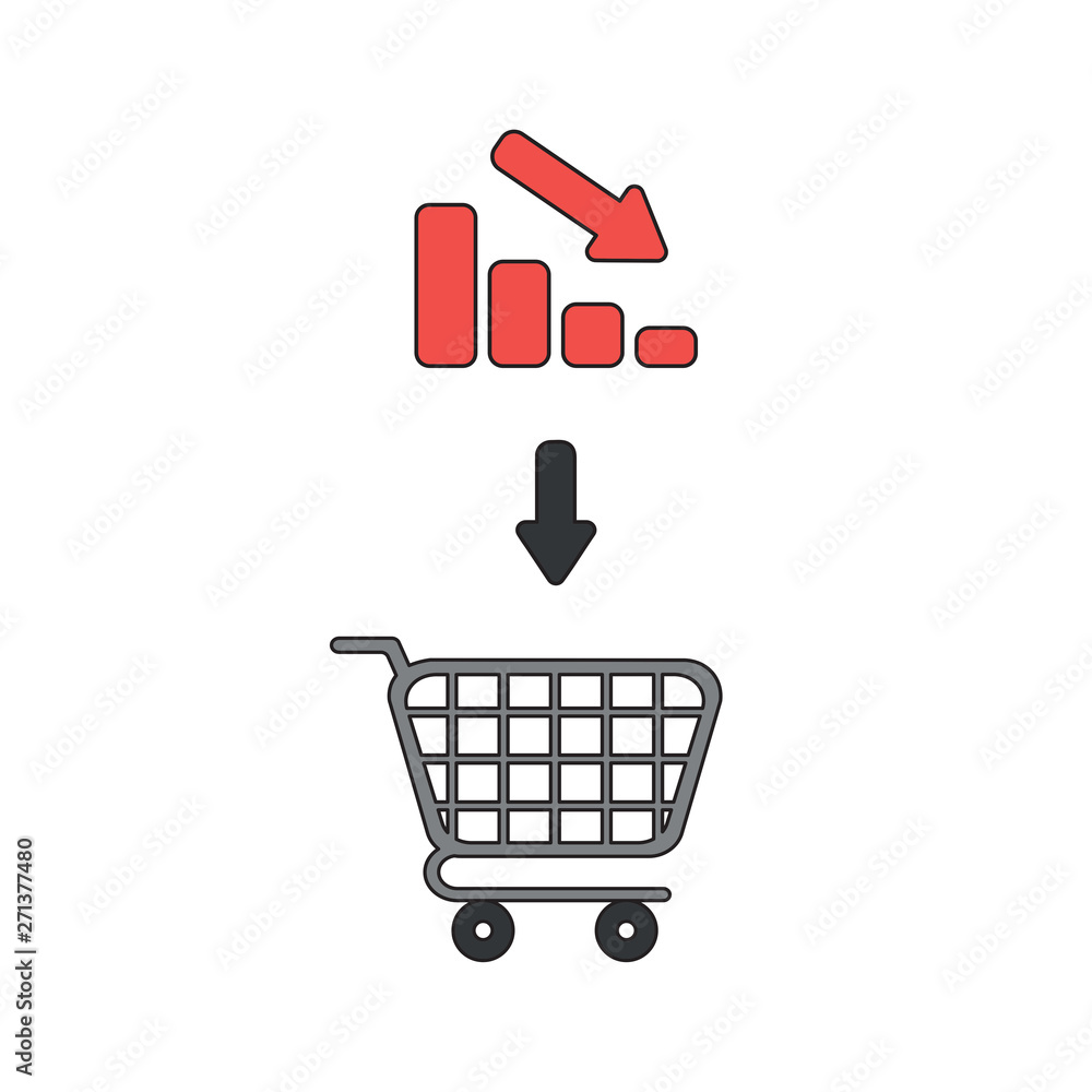 Vector icon concept of shopping cart with bar graph down. Vector icon concept of shopping cart with bar graph down.