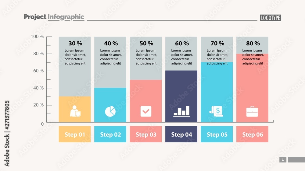 Six columns bar chart slide template. Business data. Step, diagram