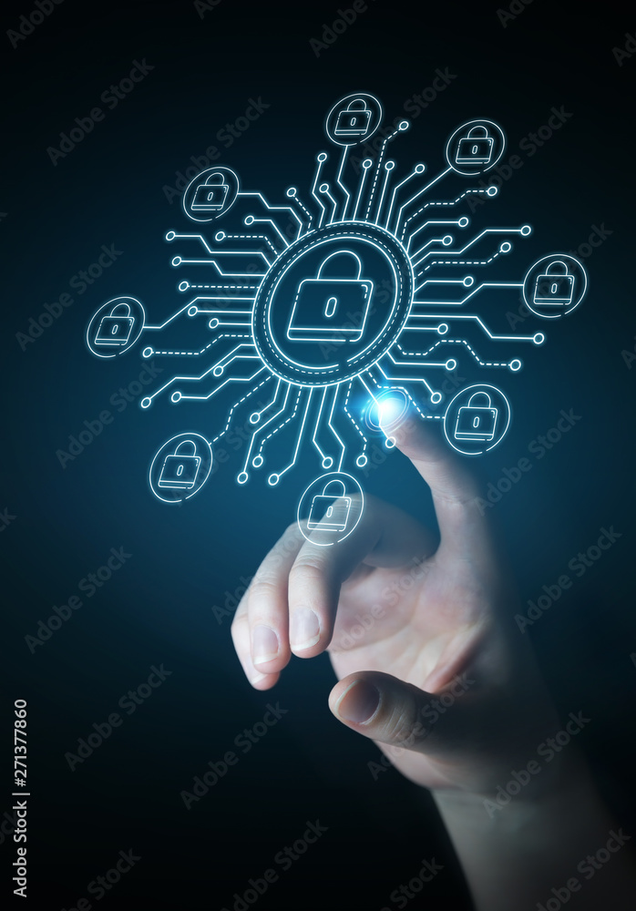 Businesswoman protecting her datas with thin line security interface Businesswoman protecting her datas with thin line security interface