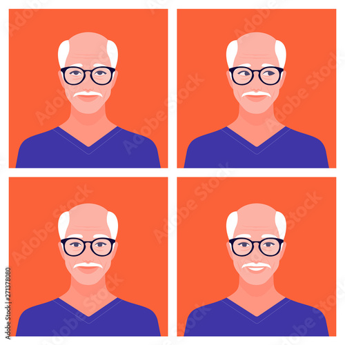 Set of avatars of an old man. Different emotions: happiness, curiosity, dreaming and calm. Vector flat illustration