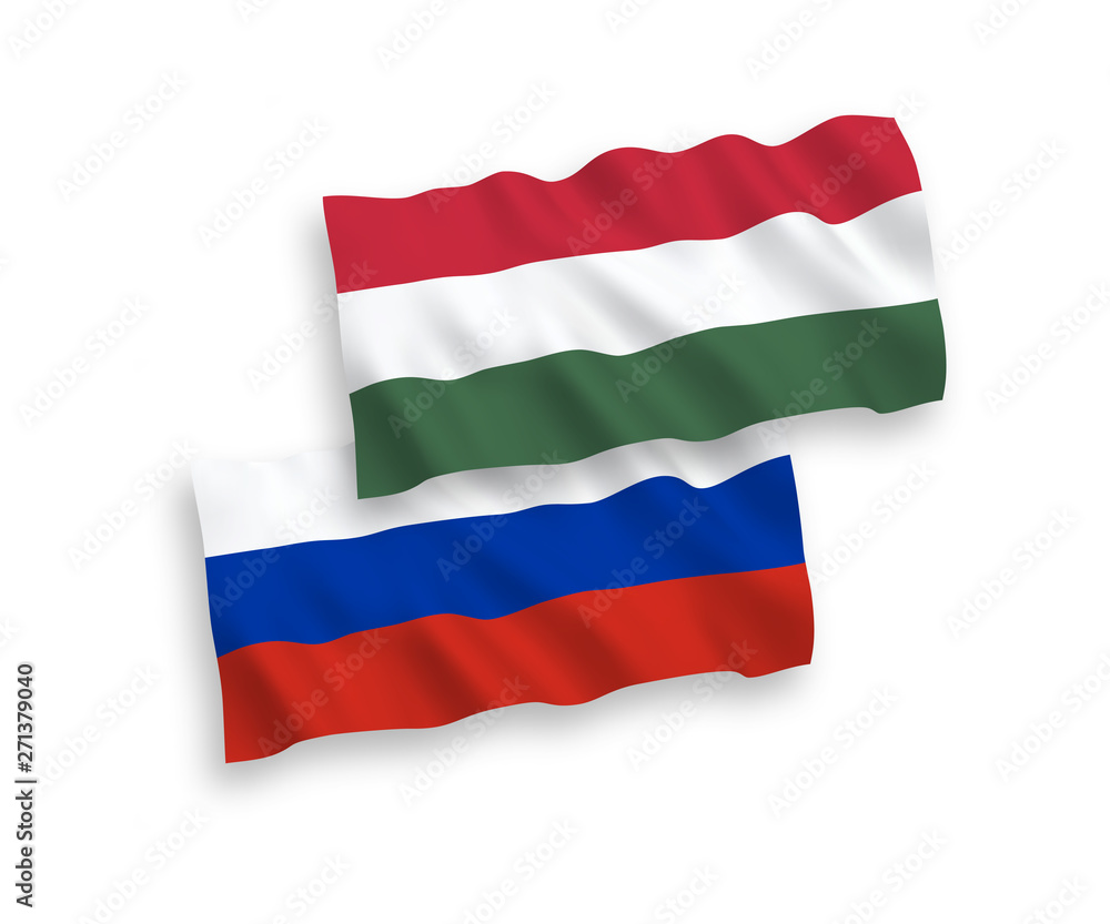 National vector fabric wave flags of Hungary and Russia isolated on white background. 1 to 2 proportion. National vector fabric wave flags of Hungary and Russia isolated on white background. 1 to 2 proportion.