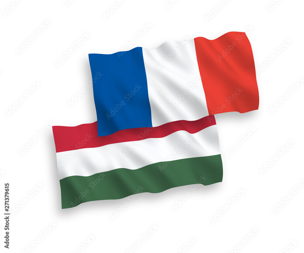 National vector fabric wave flags of France and Hungary isolated on white background. 1 to 2 proportion. National vector fabric wave flags of France and Hungary isolated on white background. 1 to 2 proportion.