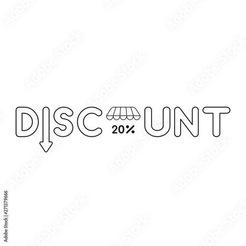 Vector icon concept of discount word with arrow down and percent 20 under shop store roof.