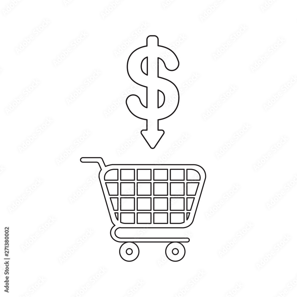 Vector icon concept of shopping cart with dollar arrow moving down. Vector icon concept of shopping cart with dollar arrow moving down.