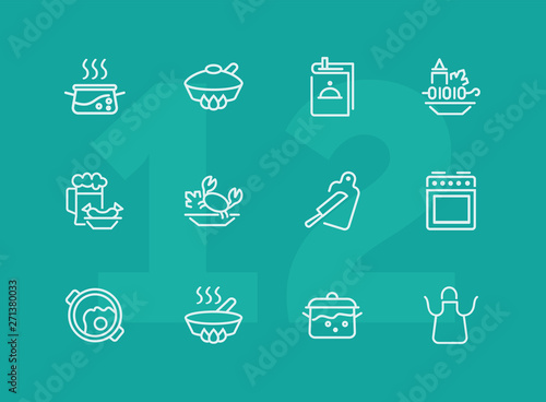 Cooking line icon set. Set of line icons on white background. Kitchenware concept. Knife, frying pan, stewing.  Vector illustration can be used for topics like cooking, food, kitchen