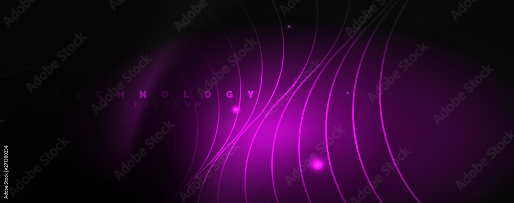 Fototapeta premium Dark abstract background with bright color neon lights and lines. Glowing background