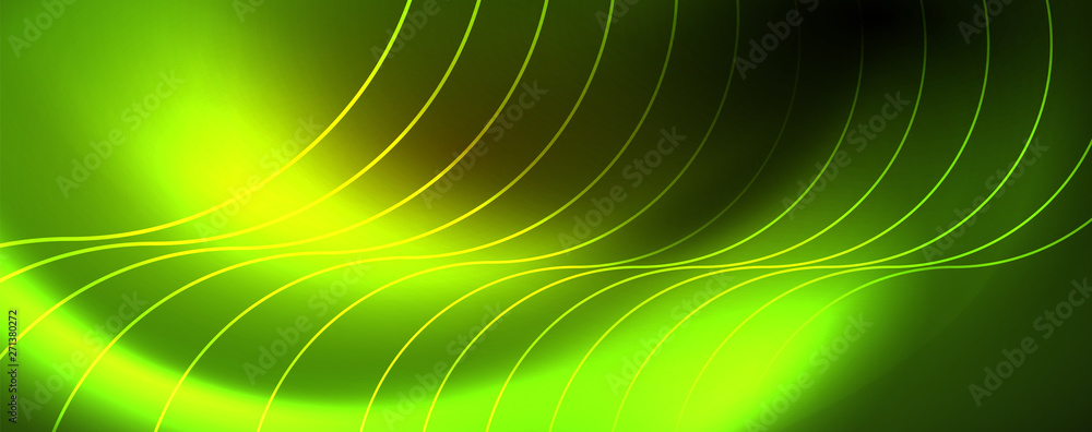 Bright neon circles and wave lines, glowing shiny background design template, digital techno concept. Bright neon circles and wave lines, glowing shiny background design template, digital techno concept.