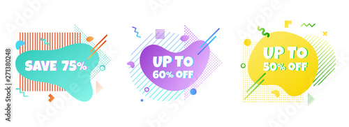 3 Modern liquid abstract special offer price sign 75%, 80%, 60% off DISCOUNT set text gradient flat style design fluid vector colorful vector illustration banners or flyer leflet icon.