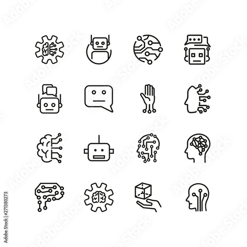 AI technologies line icon set. Brain, bot, algorithm, circuit board. Artificial intelligence concept. Can be used for topics like science, robotics, machine learning