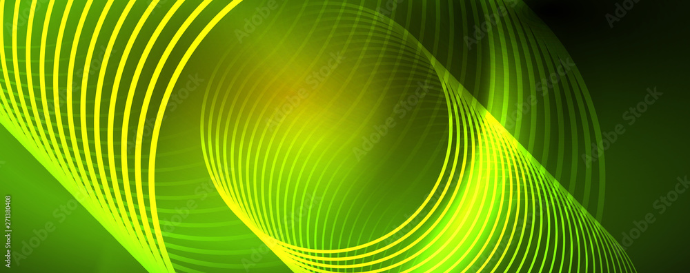Bright neon circles and wave lines, glowing shiny background design template, digital techno concept. Bright neon circles and wave lines, glowing shiny background design template, digital techno concept.