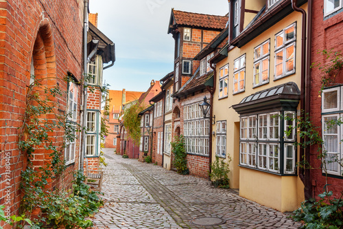 Street with Medieval old brick buildings. Luneburg. Germany