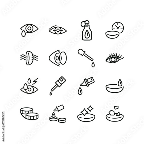 Eye lenses line icon set. Solution, container, eye drop. Eyes care concept. Can be used for topics like sight, vision, healthcare