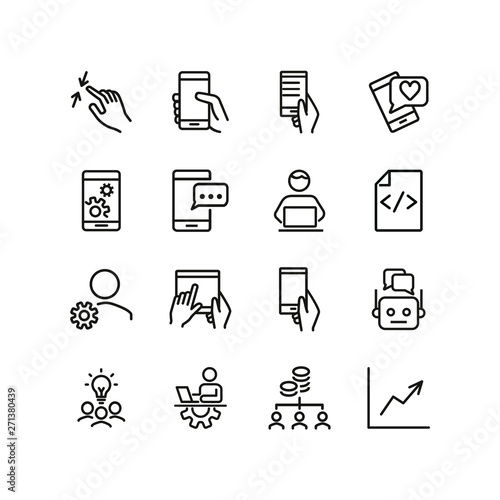 Mobile development line icon set. Mobile phone, using digital tablet, technician. Information technology concept. Can be used for topics like programming, coding, software