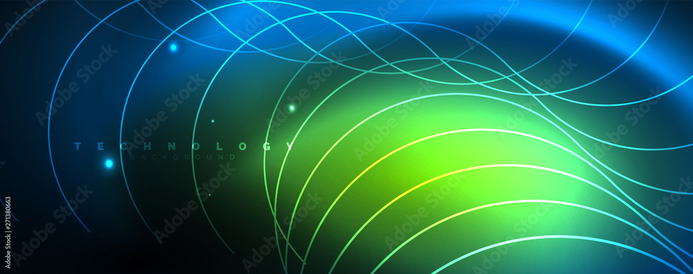 Trendy neon blue abstract design with waves and circles. Neon light glowing effect. Abstract digital background. Trendy neon blue abstract design with waves and circles. Neon light glowing effect. Abstract digital background.