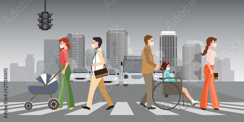 People wearing protective face masks and walk on crosswalk in the city with air pollution.