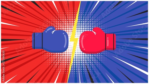 Versus screen with boxing gloves flat style design vector illustration. Fight screen for battle or gaming. Red versus blue. Fight!