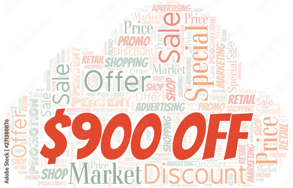 $900 Off word cloud. Wordcloud made with text only.