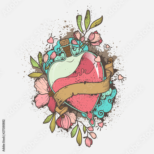 Love potion or flask filed with rose colored liquid decorated with flowers, leaves and with ribbon for text. Hand drawn tattoo, poster or emblem design