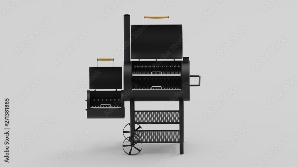 Barbecue texas smoker 3d render on white background isometric from front.