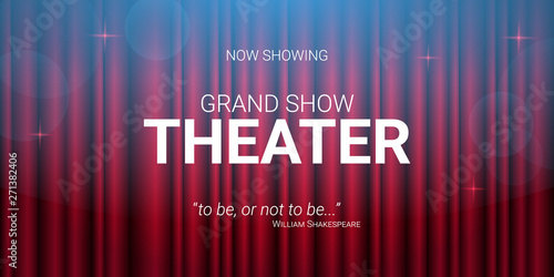 Theater stage. Red curtains stage, theater or opera background with spotlight. Festival night show banner.