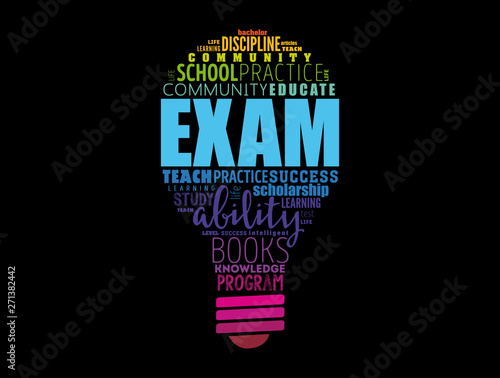 EXAM light bulb word cloud, education concept background
