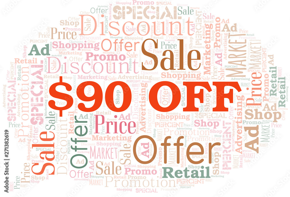 Fototapeta premium $90 Off word cloud. Wordcloud made with text only.