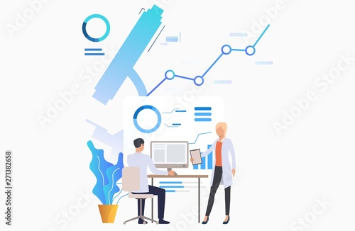 Male and female medics examining scientific data vector illustration. Scientific research, analysis, laboratory. Science concept. Creative design for layouts, web pages, banners