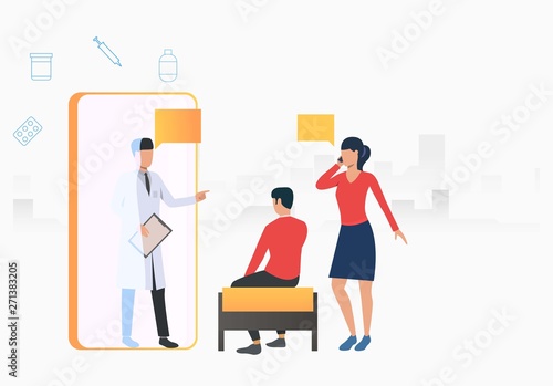 Woman talking to doctor on mobile phone vector illustration. Medical service, hotline, medical appointment. Medical app concept. Creative design for layouts, web pages, banners