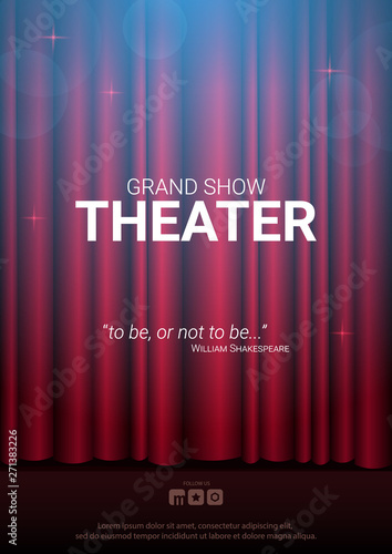 Theater stage. Red curtains stage, theater or opera background with spotlight. Festival night show banner.