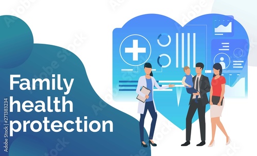 Young family visiting health center vector illustration. Healthcare, medicine, diagnostic center. Family health protection concept. Creative design for presentations, templates, banners