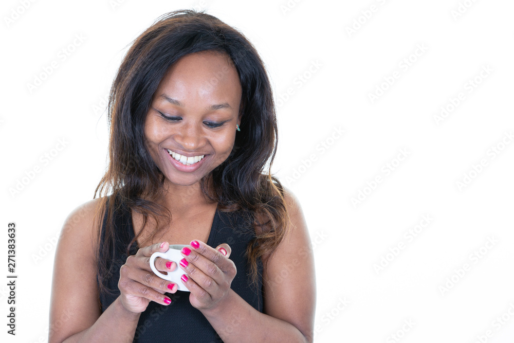 Cheerful african woman looking holding coffee cup relax aside white empty copy space background Cheerful african woman looking holding coffee cup relax aside white empty copy space background