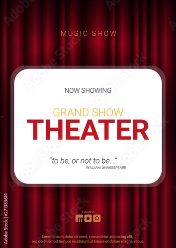 Theater stage. Red curtains stage, theater or opera background with spotlight. Festival night show banner.