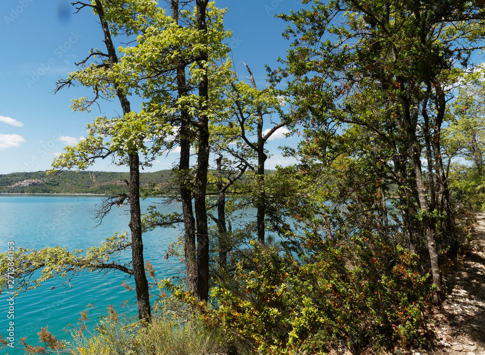 Paysage d'eau bleue turquoise du lac de Sainte-Croix au pied des gorges du Verdon depuis les berges de Bauduen. Alpes-de-Haute-Provence Paysage d'eau bleue turquoise du lac de Sainte-Croix au pied des gorges du Verdon depuis les berges de Bauduen. Alpes-de-Haute-Provence