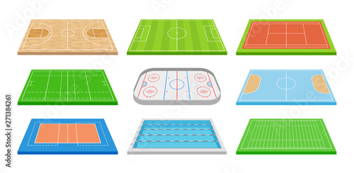 Set of images of various sports fields. Vector illustration on white background.