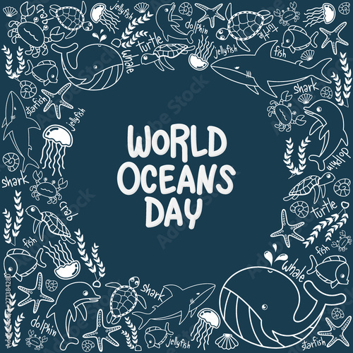 World Oceans Day. outline vector of marine life in the ocean with doodle style for celebration dedicated to help protect, and conserve world oceans, water, ecosystem