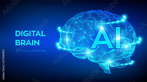 Brain. Digital brain. 3D Science and Technology concept. Neural network. IQ testing, artificial intelligence virtual emulation science technology. Brainstorm think idea. Vector illustration.