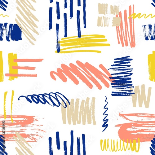 Motley seamless pattern with scribble and paint splotches or smudges on white...
