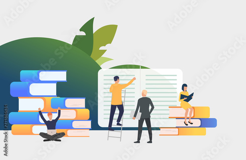 People working on books. Writers, printing house, library. Business concept. Vector illustration for poster, presentation, new project 