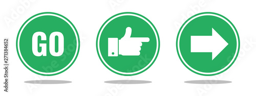 go word, human hand and arrow - green round road signs set