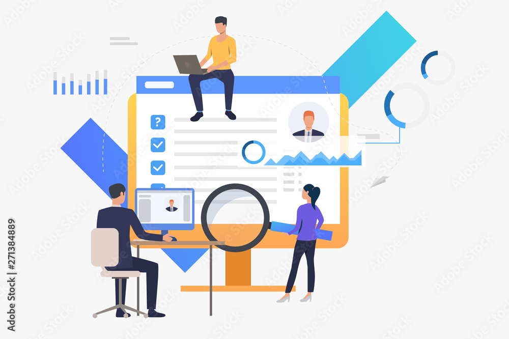 Business people working on computers, searching for applicants. Human resources, staff, management concept. Vector illustration can be used for topics like business, technology, recruitment