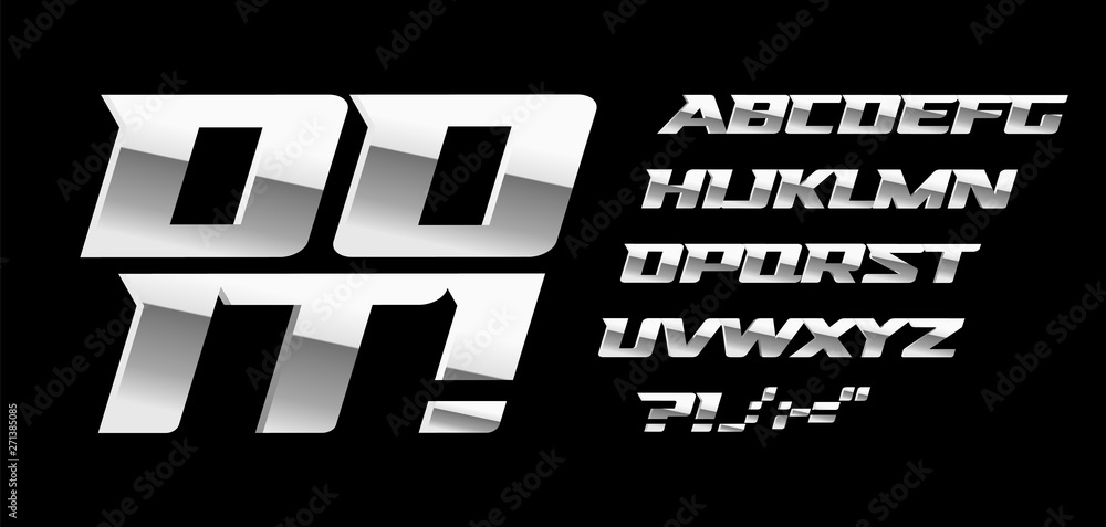 Silver letters and symbols set on black background. Metal style vector latin alphabet. Font for automotive or bodybuilding sport. Typography design.