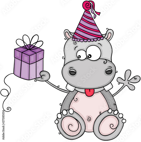 Cute birthday hippo holding a little gift