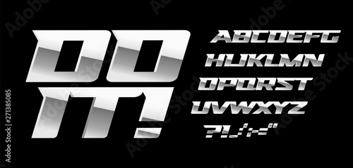 Silver letters and symbols set on black background. Metal style vector latin alphabet. Font for automotive or bodybuilding sport. Typography design.